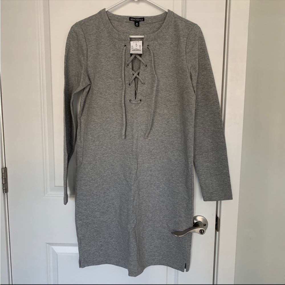 Women’s XS J. Crew Mercantile Heathered Gray Lace Up Knit Shift Dress J6852 NWT